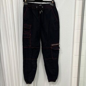 Black Cargo Pants with Red Stitching